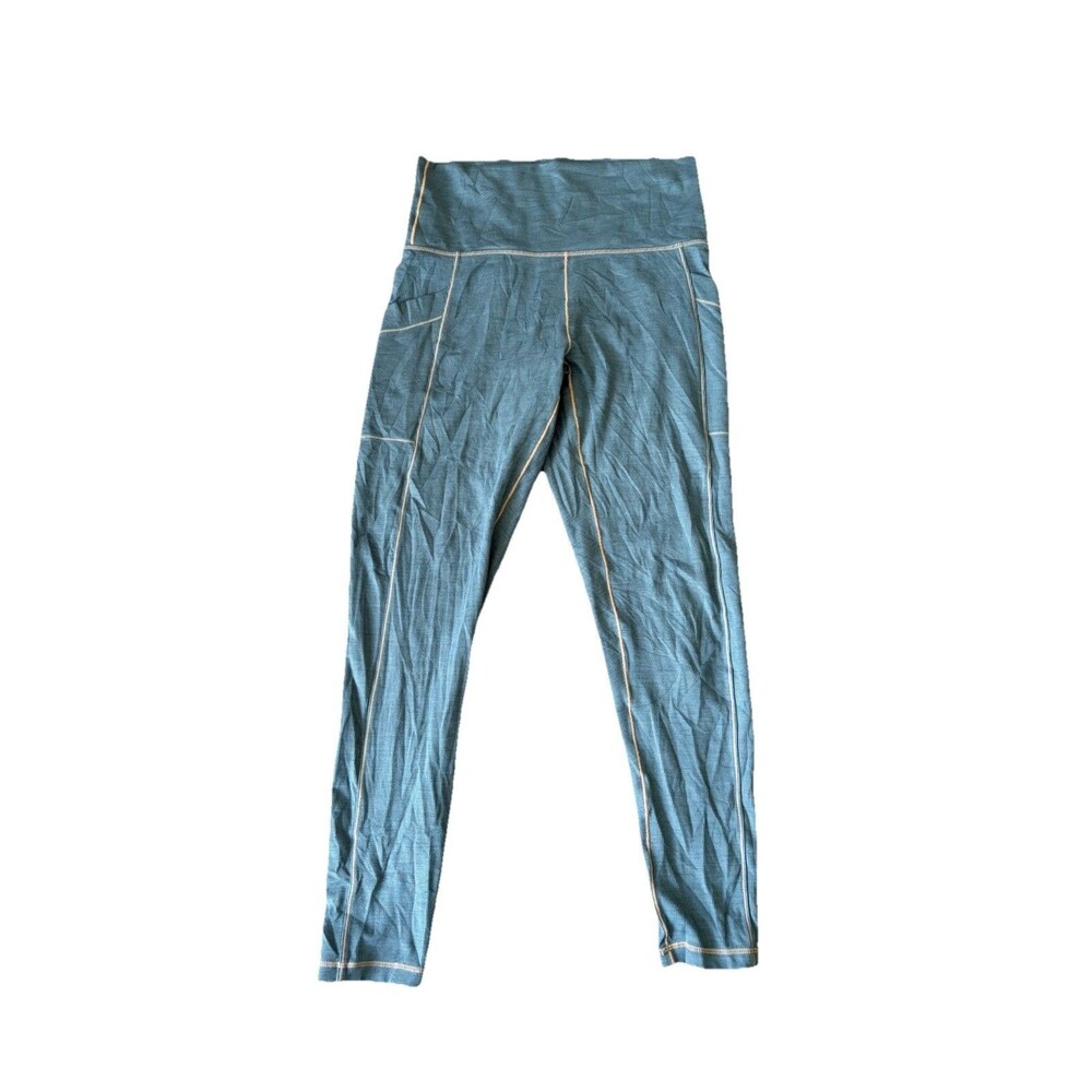prAna Leggings Women’s Medium Side Pockets Ribbed Yoga Gym Teal High Rise
